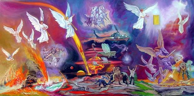 Las Trompetas de Apocalipsis son el tema de esta pintura panorámica por Joe Maniscalco, la cual ilustra El preámbulo celestial para las Siete Trompetas del Comentario Apocalipsis: análisis de las profecías visiones, en apocalipsis.co.