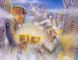 Siete ángeles reciben siete copas llenas de las siete plagas postreras.