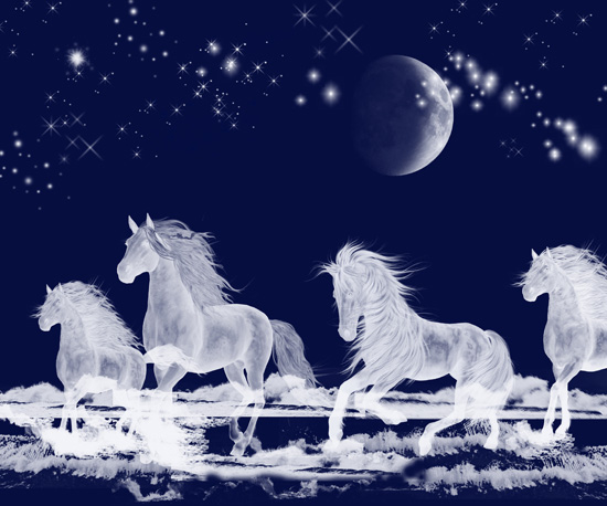Cuatro caballos semitransparentes a manera de seres espirituales galopan por el planeta Tierra en esta gráfica que ilustra la Página de Orientaciones sobre presentar como Curso el comentario Apocalipsis: análisis de las profecías y visiones.