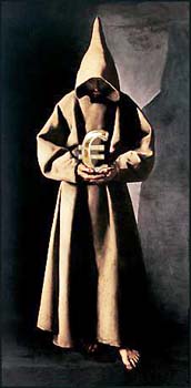 Un monje sostiene en sus manos el símbolo de euro, imagen que ilustra el documento sobre La religión en España, enfatizándose lo que dice la constitución de España sobre libertad religiosa, como también la inversión annual del estado en la Iglesia Católica Romana.