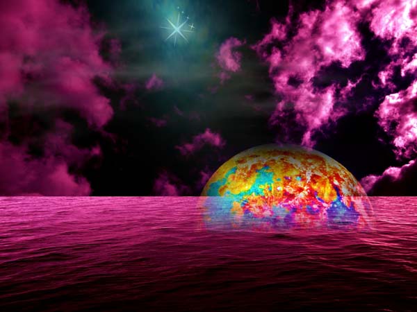 Esta imagen del planeta Tierra parcialmente sumido en un mar de color escarlata, contra un trasfondo del universo, ilustra la Lista de imágenes (diapositivas) del comentario Apocalipsis: análisis de las profecías y visiones.