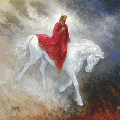 Una pintura artística que representa a Jesucristo vestido de carmesí, con una corona, y sentado sobre un caballo blanco, todo contra un trasfondo de nubes y espacios abstractos.