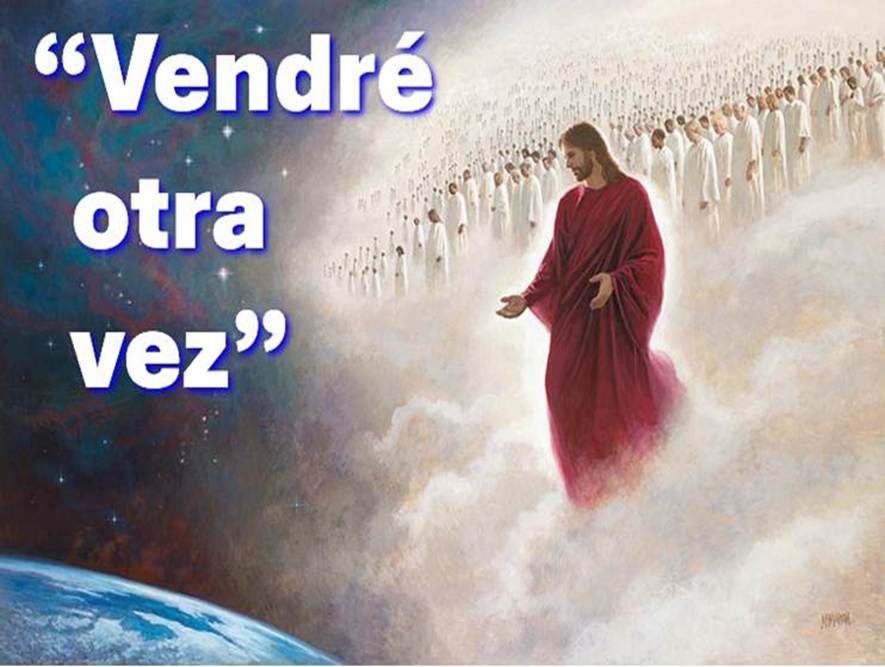 Imagen de Jesucristo en el acto de volver por segunda vez, vestido él de una túnica carmesí, seguido por los santos glorificados vestidos de blanco, y todos viniendo sobre las nubes blancas, acercándose al globo azul del planeta Tierra.